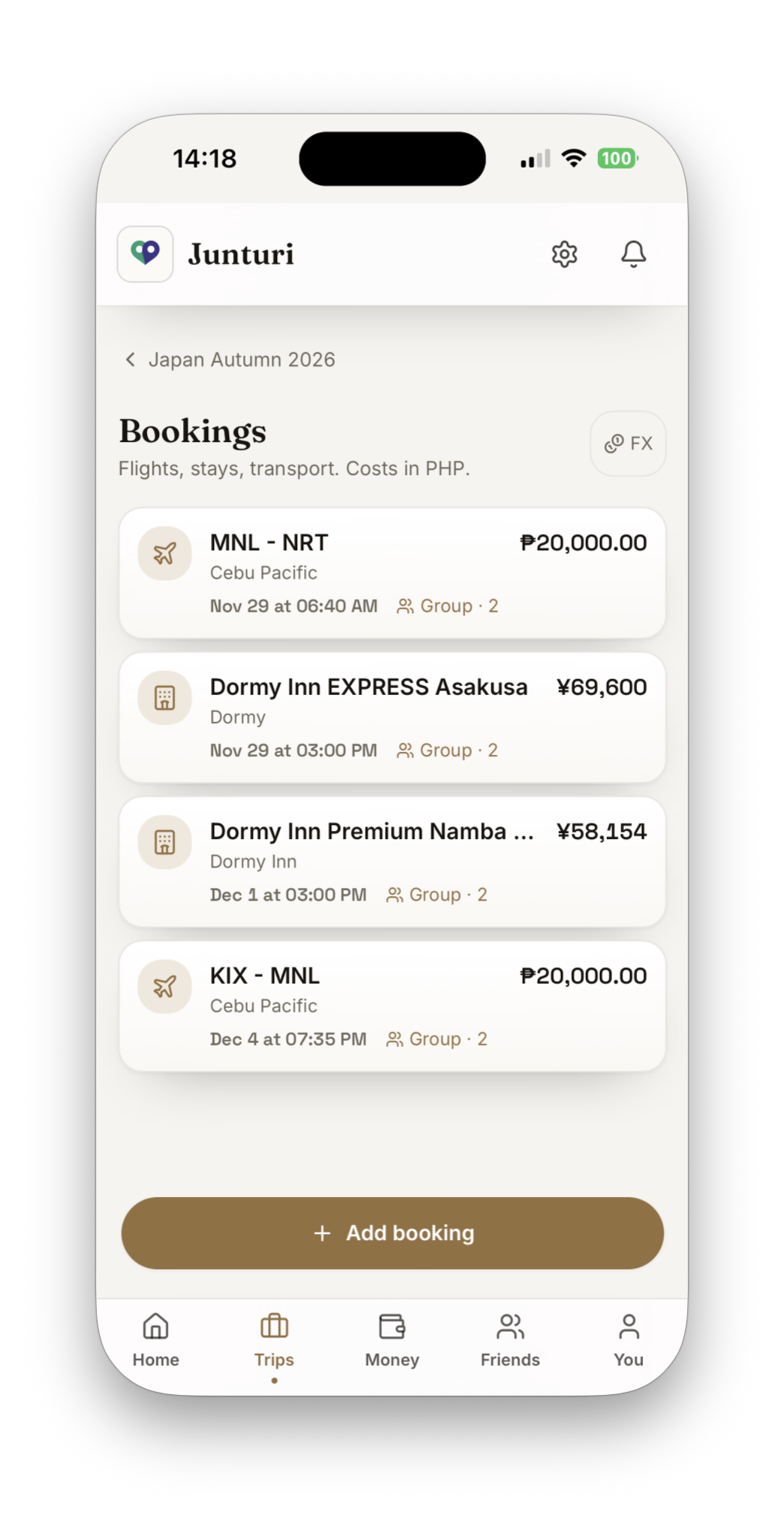 Bookings for a Japan trip — flights and hotels with dates, times and costs