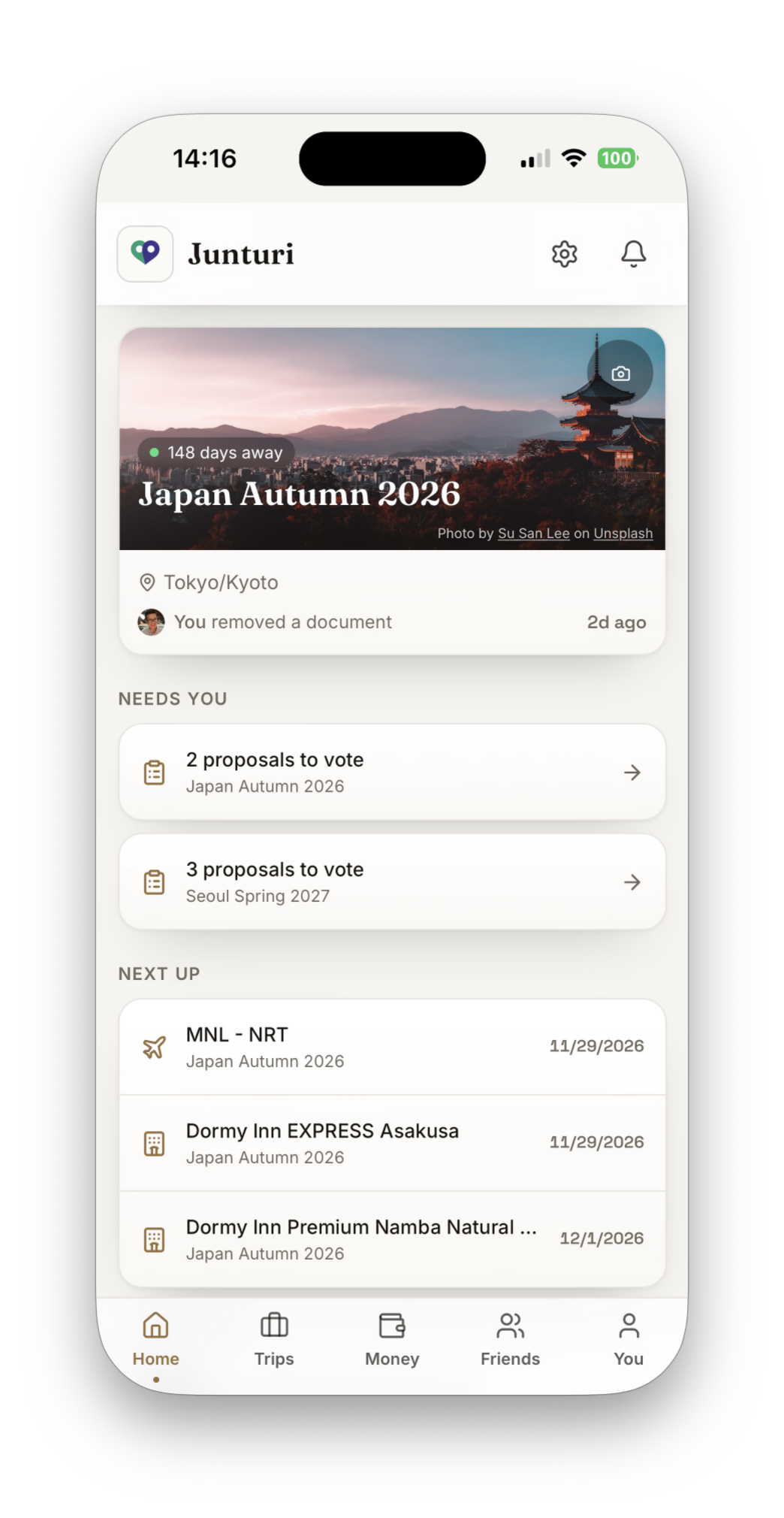 Junturi home screen — your next trip, proposals to vote, and what's next up