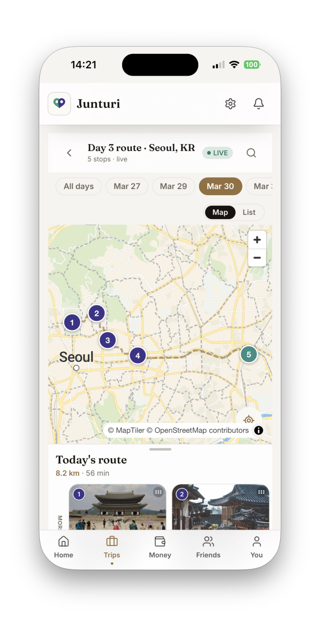 Junturi live map — the day's route with numbered stops across Seoul