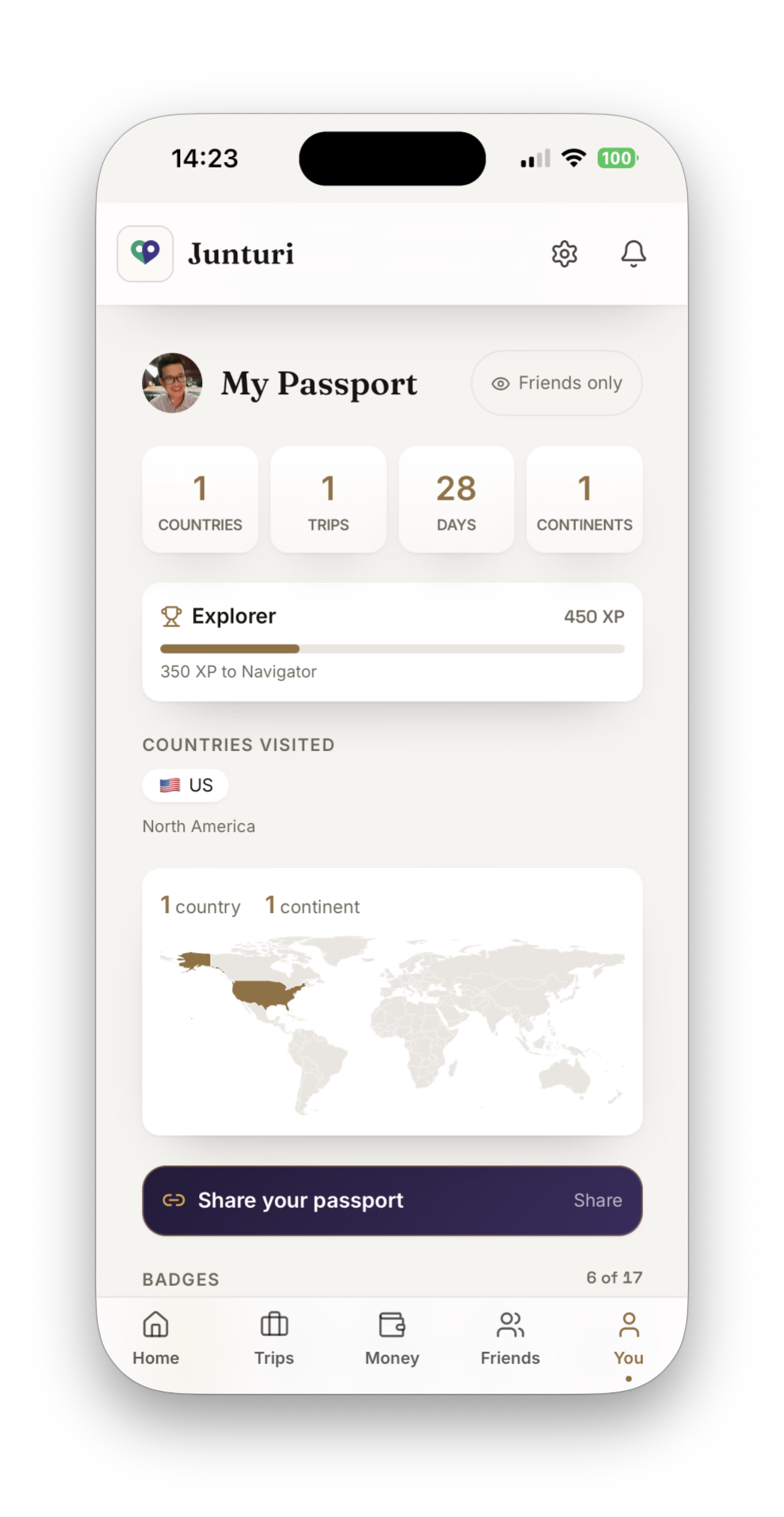 My Passport — countries, trips, days away, XP progress and a world map