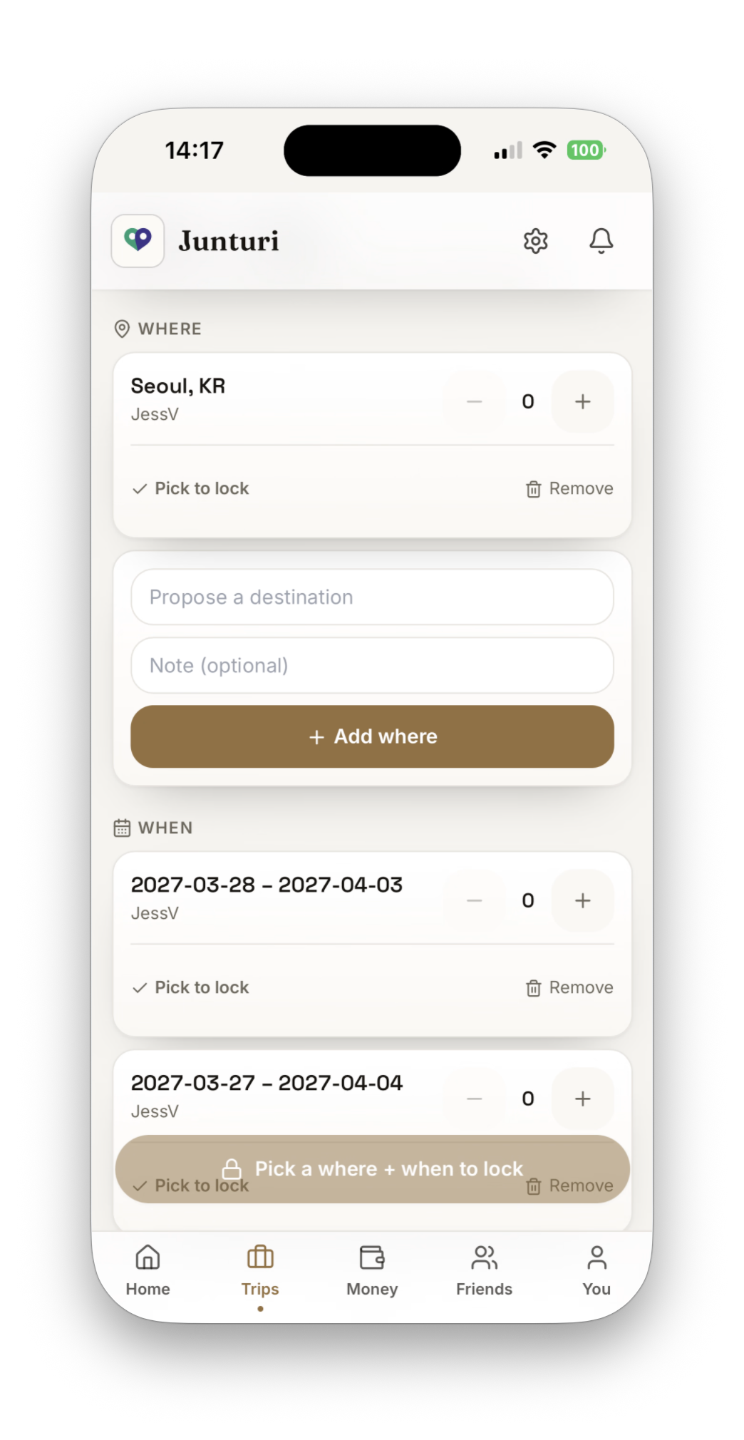 Junturi planning screen — propose and vote on a where and a when