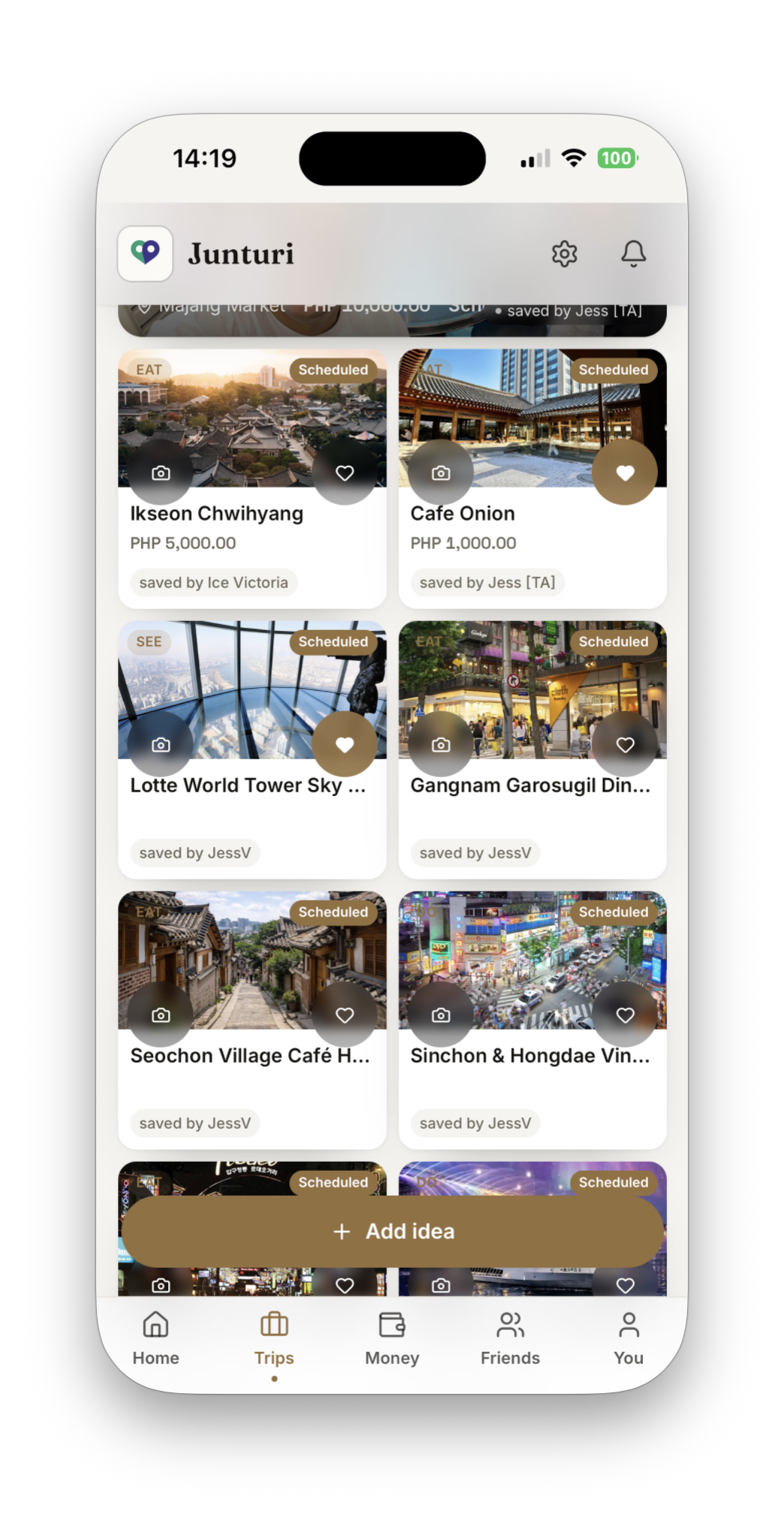 A shared wishlist of places to eat, see and do, each saved by a member of the group